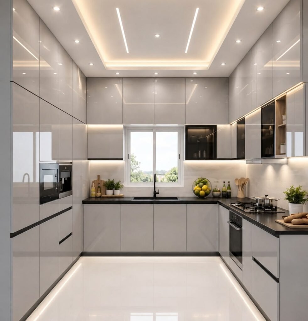 Glossy Cabinets to Reflect Light - Small Modular Kitchen Design Ideas
