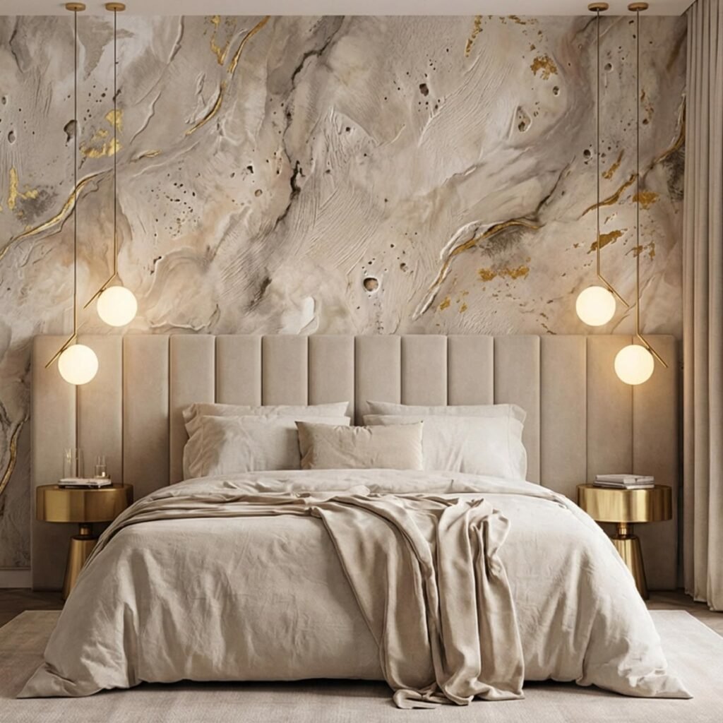 Marble-Finish Bedroom Back Wall Design